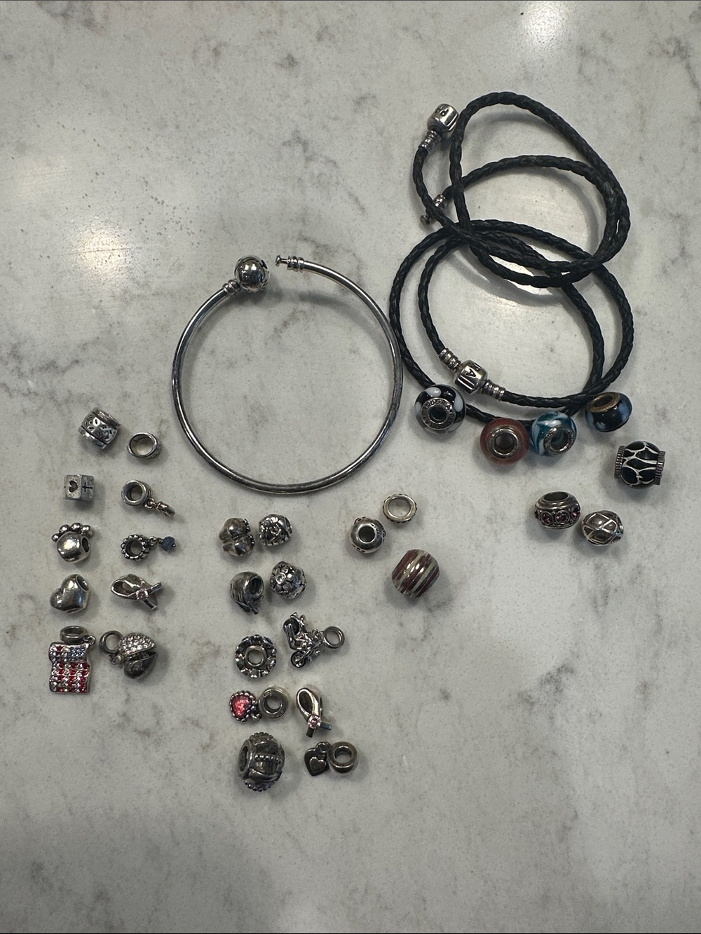Pandora Silver Charm Bracelet and Leather Cord Set with Blue and Red Accents